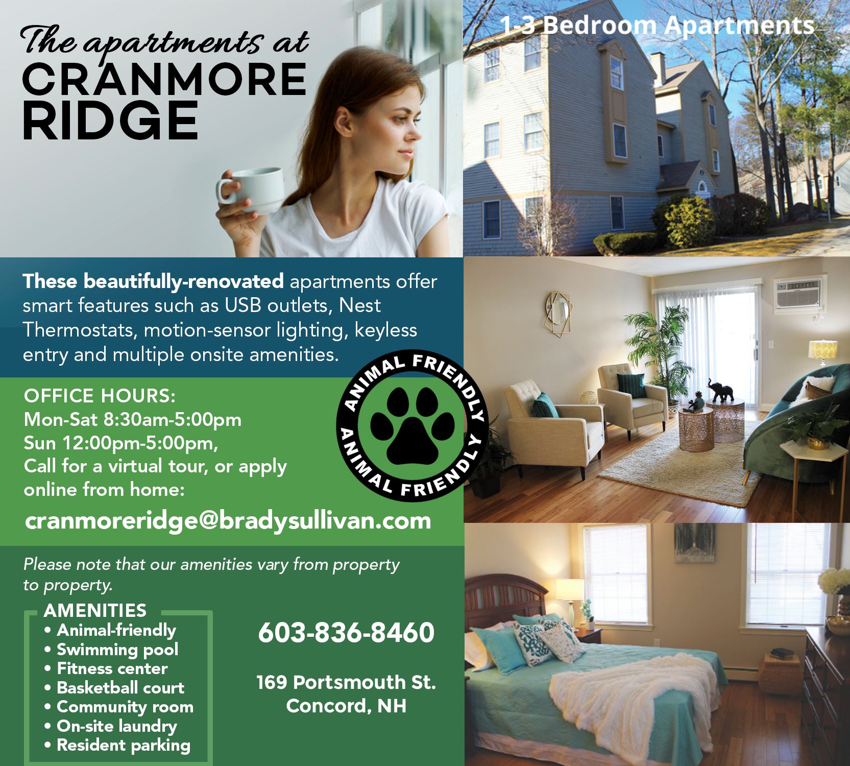 The Apartments at Cranmore Ridge is convenient apartment living at its best! These beautifully renovated apartments have Smart features including USB outlets, Nest thermostat, motion lighting and convenient keyless entry! Residents also enjoy on-site parking, laundry & amenities including swimming pool, fitness, tennis and more! 