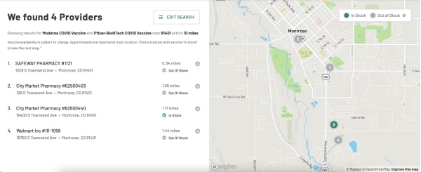 VaccineFinder map of Montrose