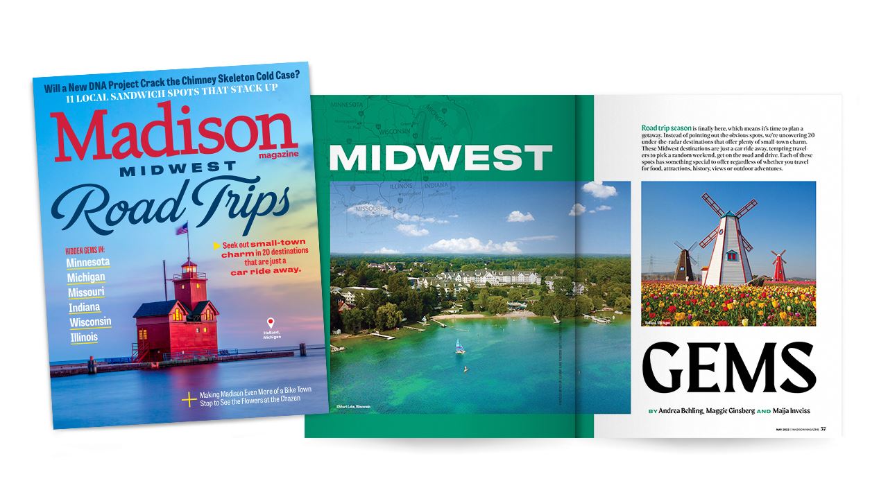 On the left is the cover of the July issue of Madison Magazine and on the right is the opening spread of the cover story on hidden gem Midwest road trips.
