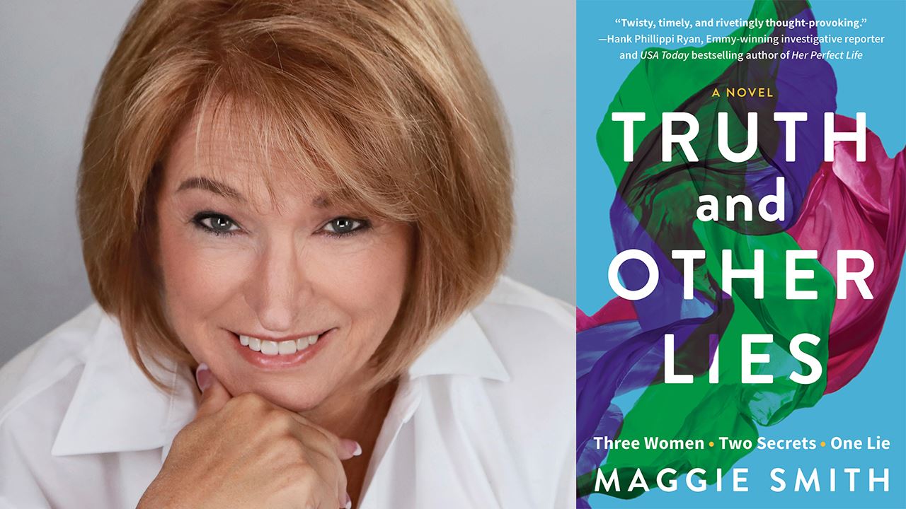 On the left is author Maggie Smith with her chin in her hands and on the right is the cover of her debut novel Truth and Other Lies