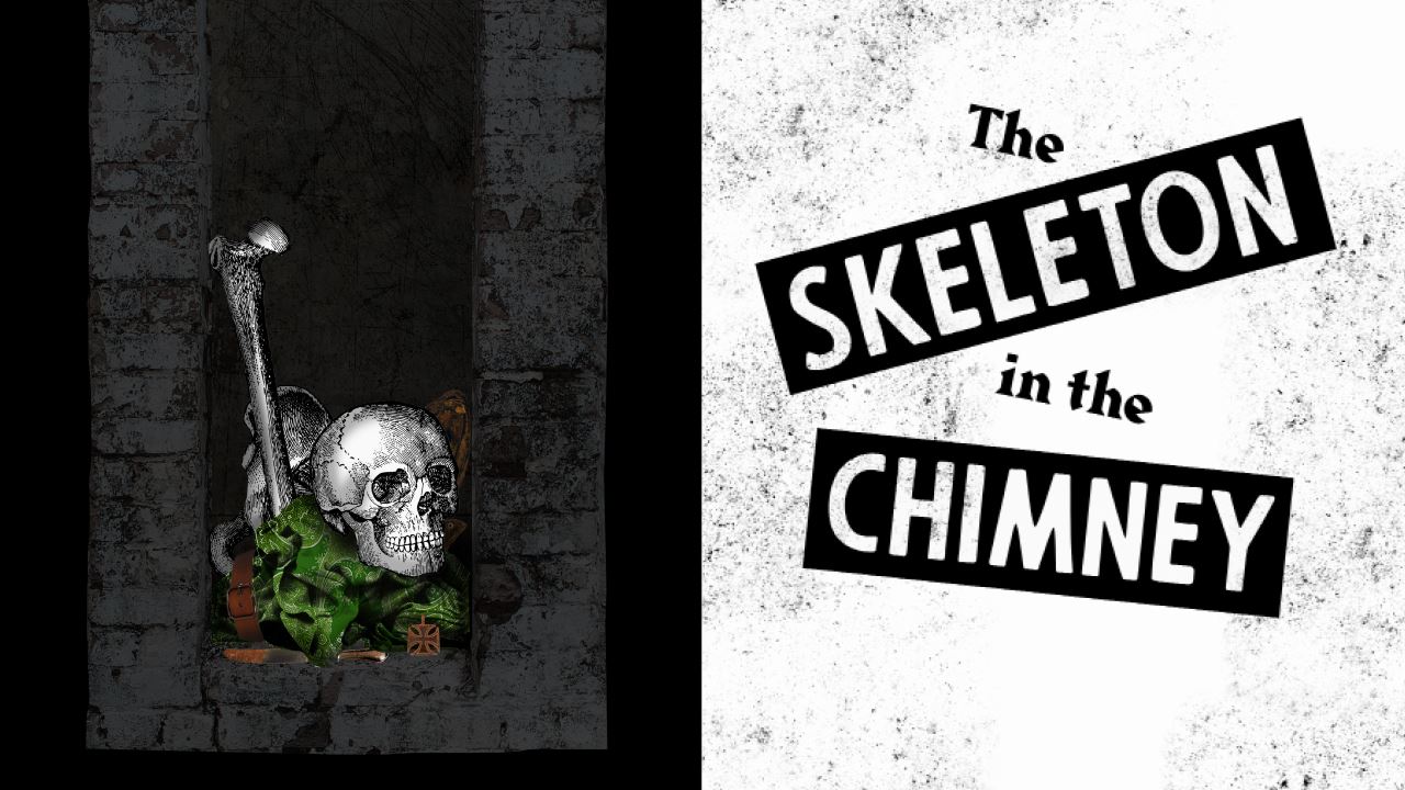 Shows the opening spread of the skeleton in the chimney feature story by Doug Moe with an illustrated skeleton on the left and words falling down a chimney on the right.