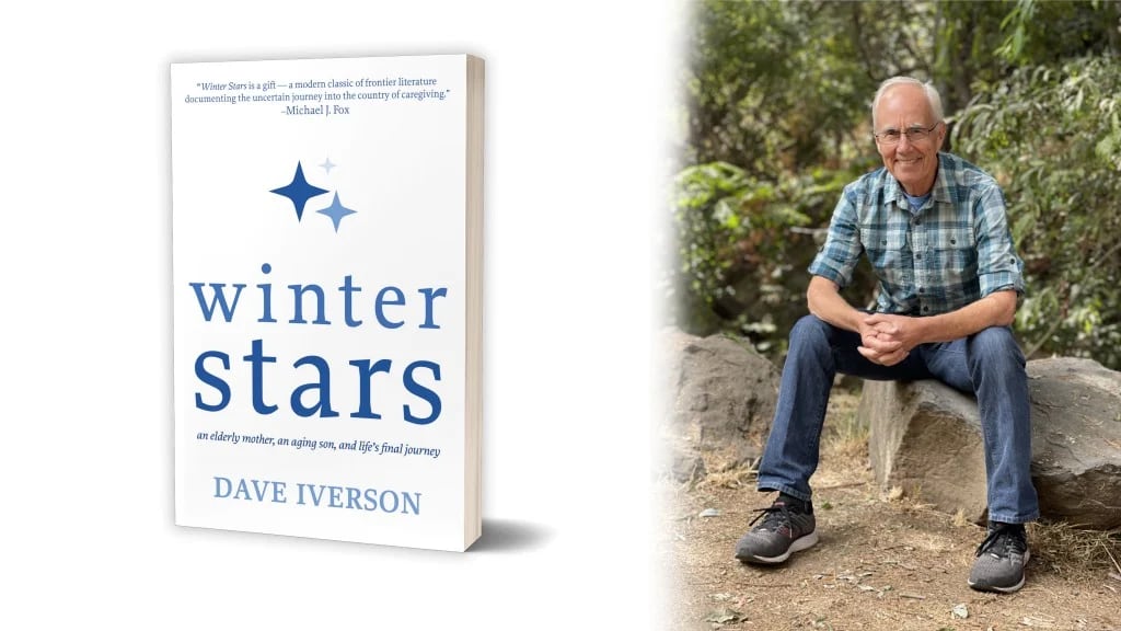 On the left is the cover of the book winter stars and on the right is author Dave Iverson
