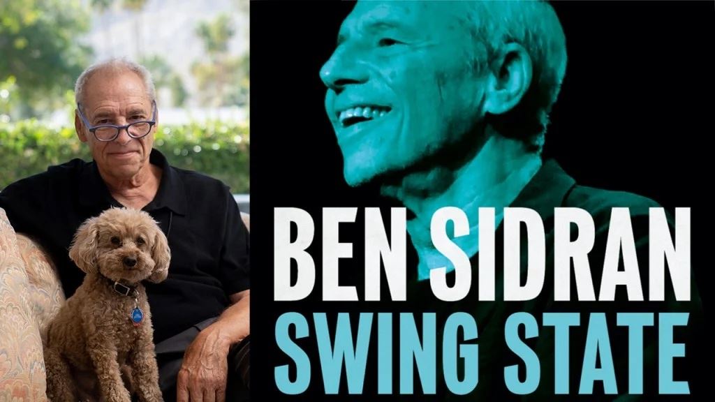 On the left is Ben Sidran with his dog and on right is the cover of the new album Swing State.