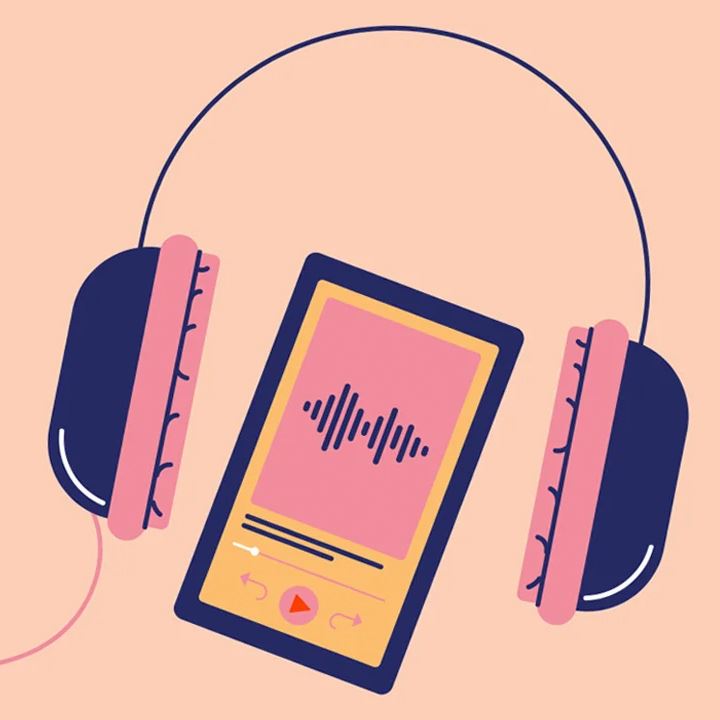 An illustration of a phone with headphones over it.