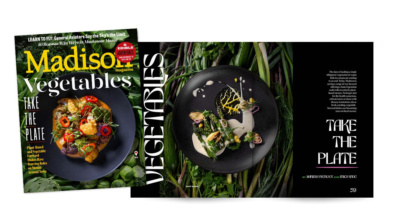 On the left is the July cover of Madison Magazine and on the right is the open spread of the cover story article on vegetables.