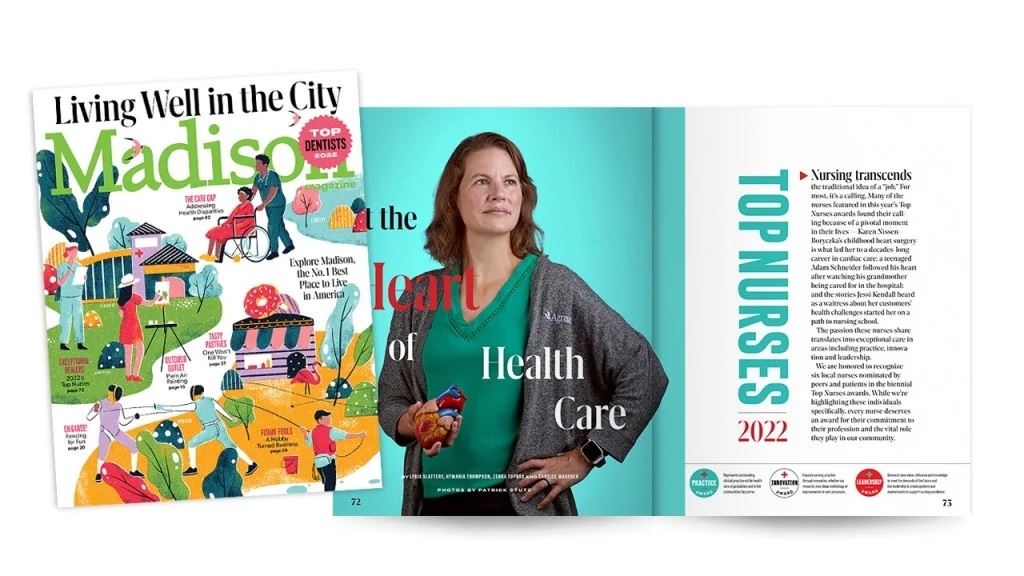 On the left is the cover of the September issue of Madison Magazine and on the right is the opening spread of the Top Nurses package.