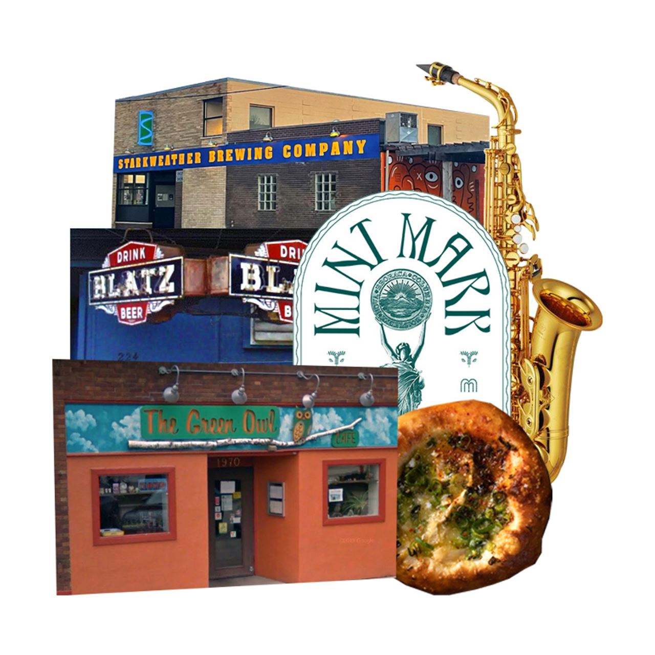 A collage includes The Green Owl storefront, a saxophone, pizza, Mint Mark's logo, the Starkweather Brewing Co. storefront, and a "Drink Blatz Beer" sign.