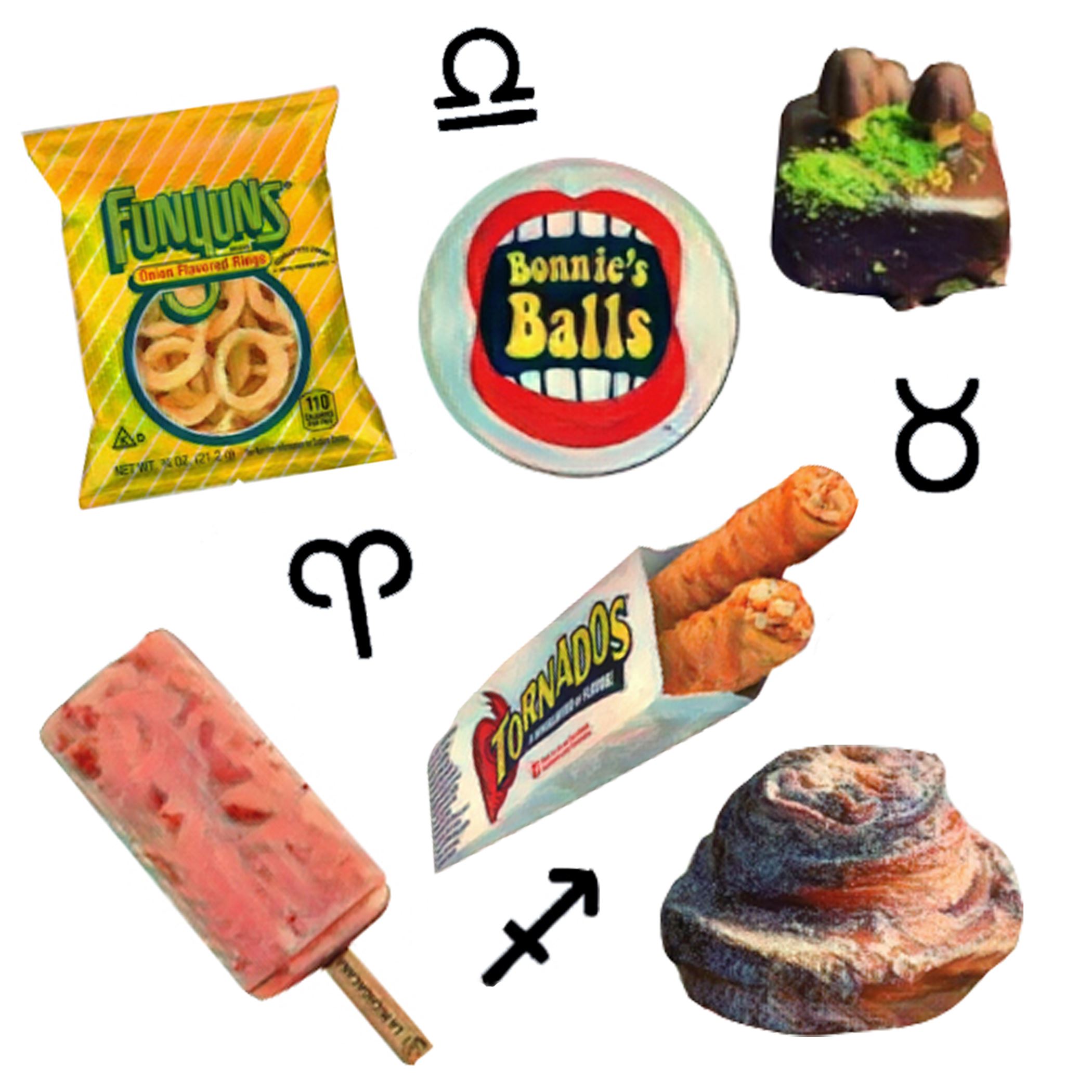 Funyuns, Bonnie's Balls logo, Kwik Trip tornadoes, a morning bun, and a popsicle sit against a white background with astrological symbols interspersed.