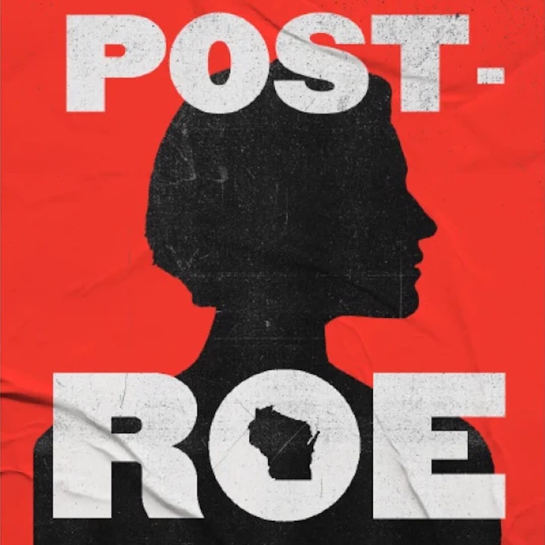 Illustration of a woman in profile over a red background with the words "Post-Roe" across the top and bottom