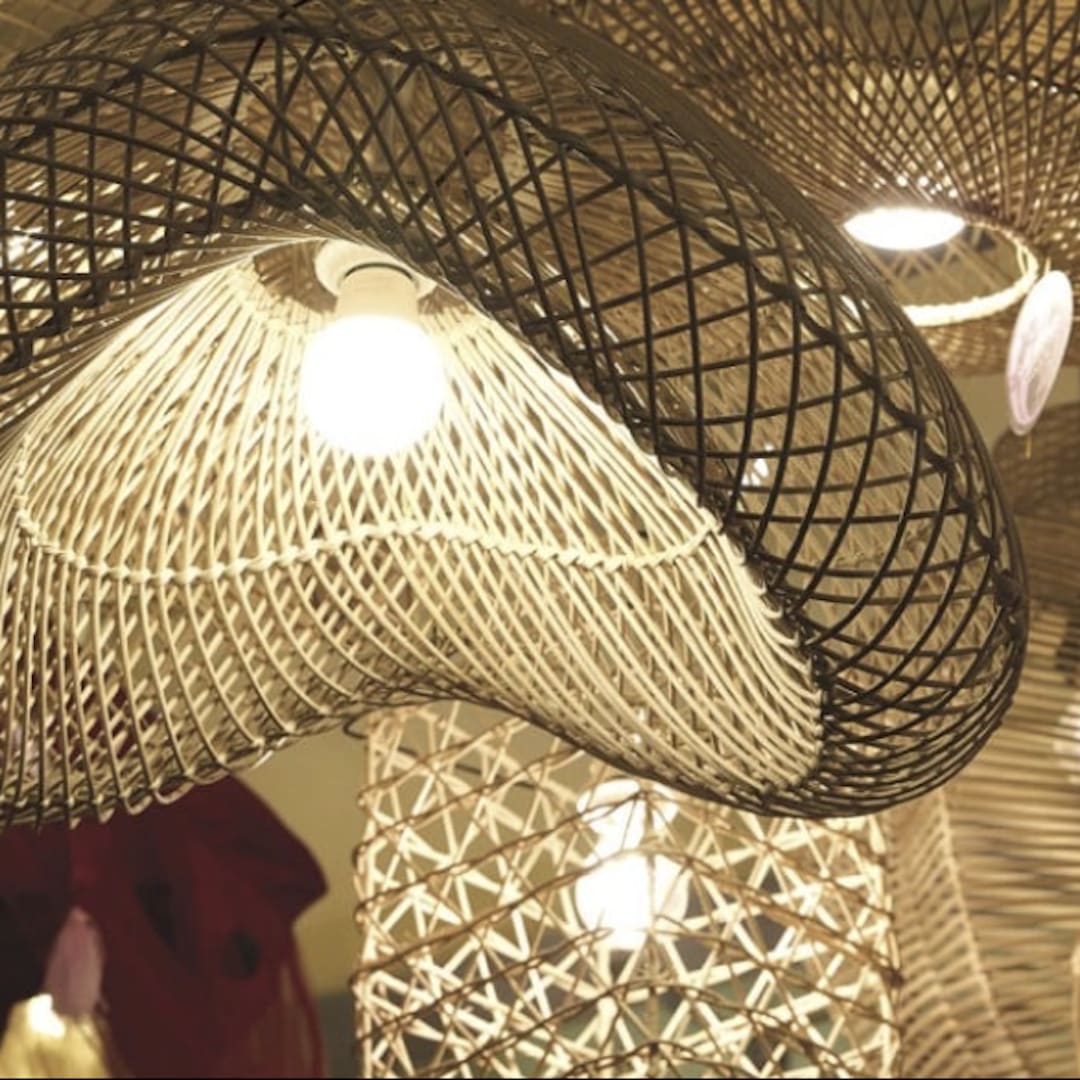 Image of a collection of rattan-style, handmade light fixtures