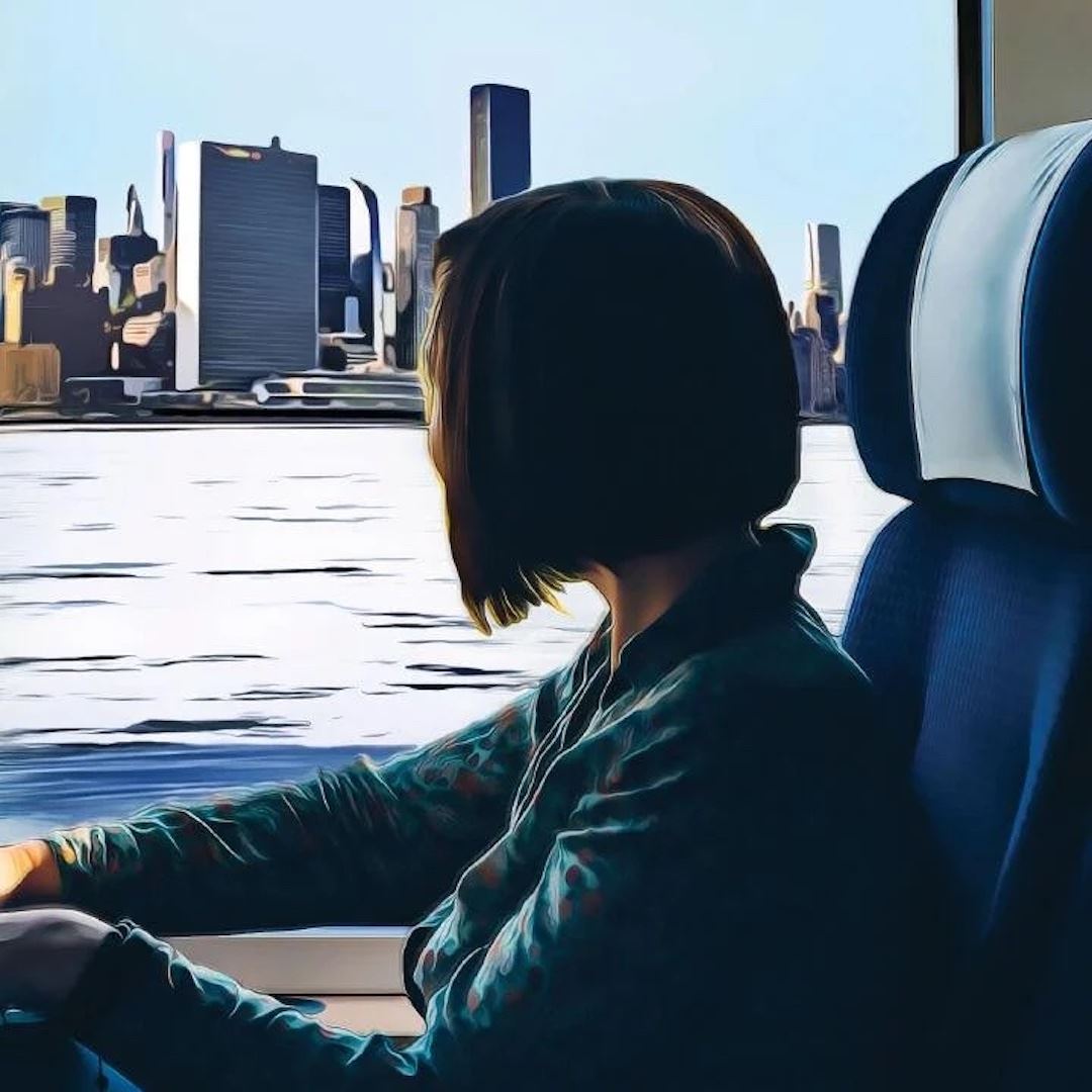 Illustration of a woman sitting on a subway, looking out onto a Madison lake