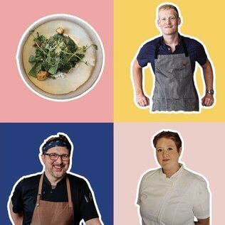 Photographs of three chefs and a plate of food placed over a colorful checkered background. 