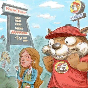 Illustration of Buc-ee's beaver mascot and woman with red hair at Kwik Trip standing in front of a their respective gas station signs.