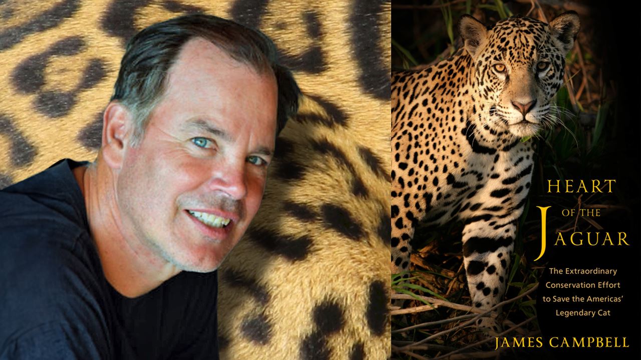 A headshot of James Campbell (left) and the cover of the book "Heart of the Jaguar" (right).