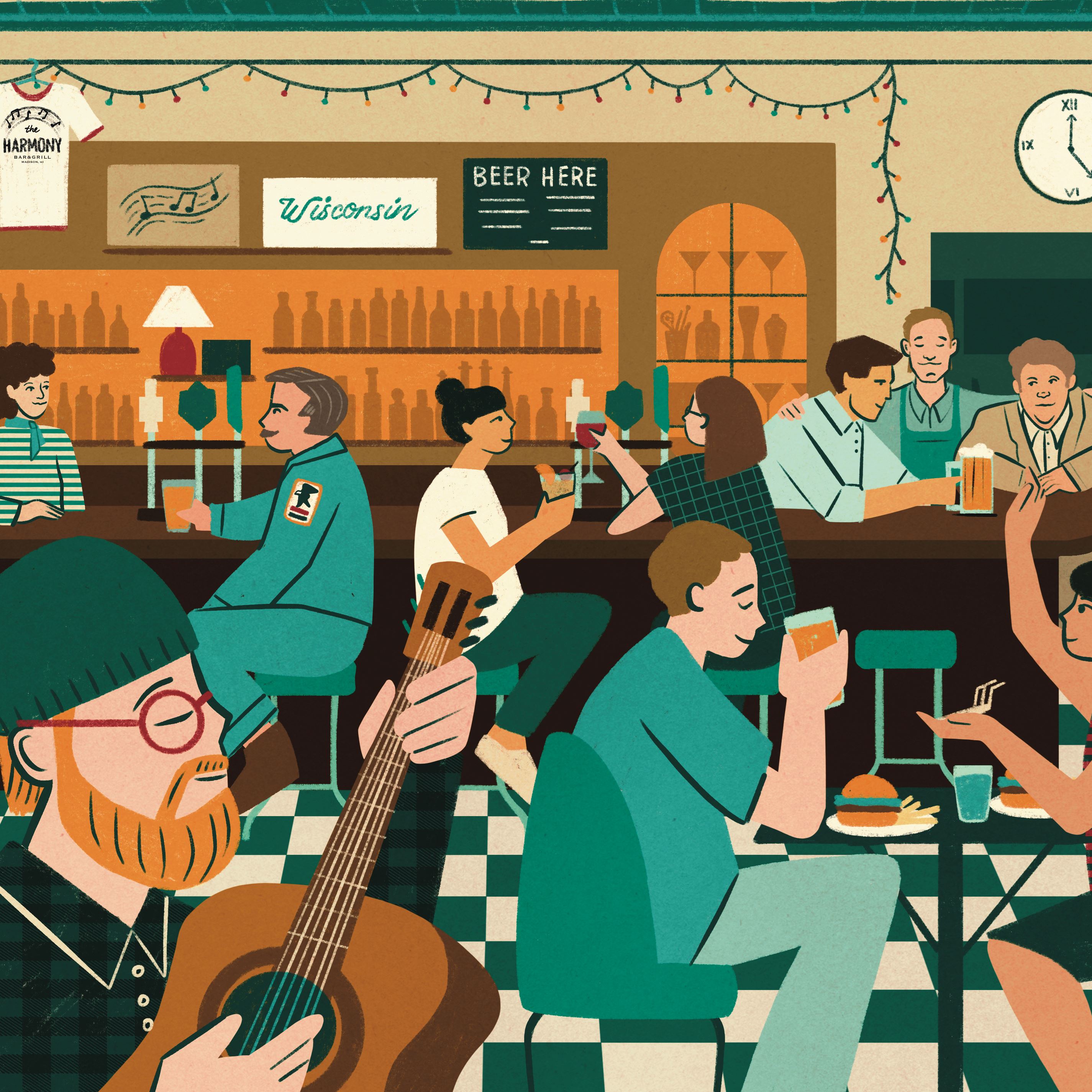 An illustration depicts the inside of a bar with green-and-white checkered floors. A man in the bottom left corner plays the guitar, other people socialize on bar stools.