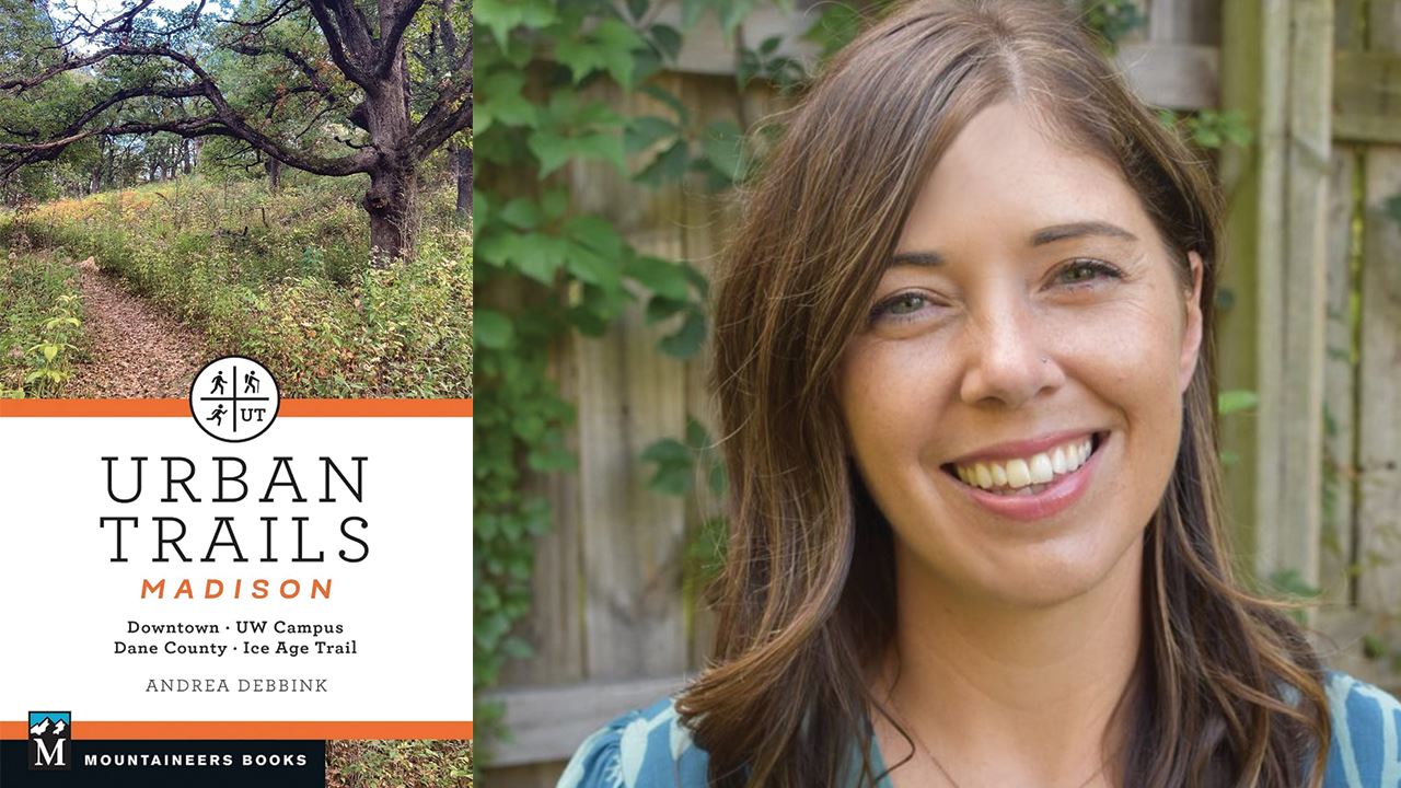 A cover of a book titled "Urban Trails: Madison" on the left, and a headshot of the author on the right.