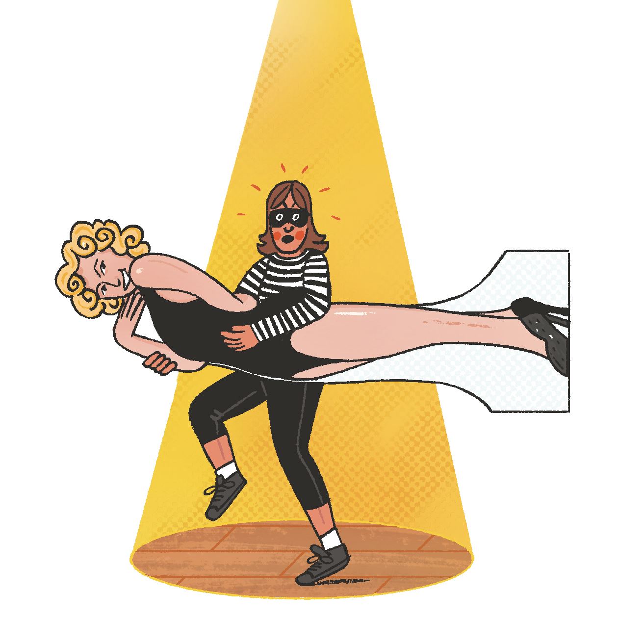 An illustration depicts a woman wearing black pants, a black-and-white striped shirt and a black mask while she carries off a cardboard life-sized cut-out of Marilyn Monroe. In the background, a yellow spotlight illuminates the thief.