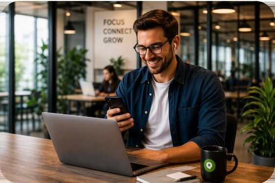 Small business owner working on a laptop and phone